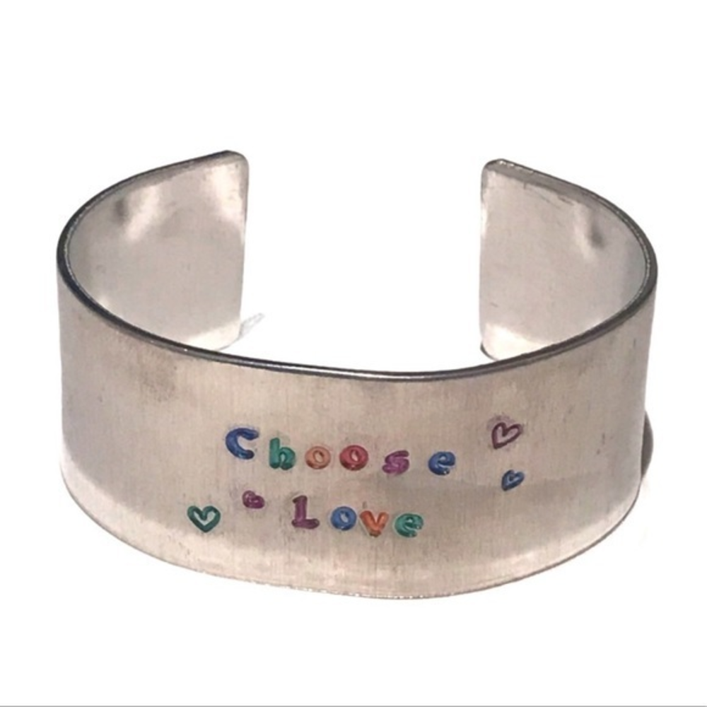 Handmade stamped Pride Month silver tone adjustable hypoallergenic cuff bracelet